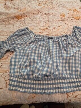 Lane Bryant Blue Gingham Off-Shoulder Cropped Women's Top -NEW WITHOUT TAGS